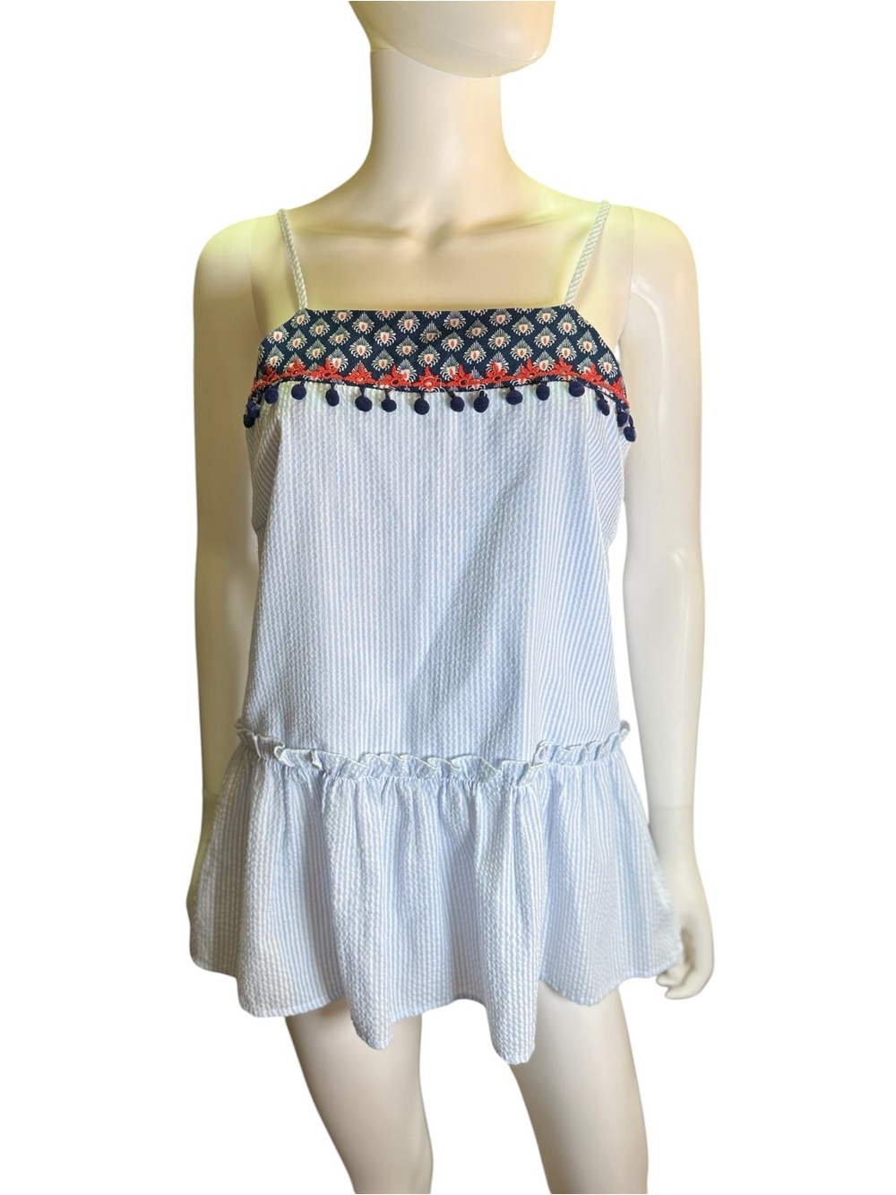 THML Light Blue Strappy Embroidered Tank top  with Navy & Red Trim Size M EUC